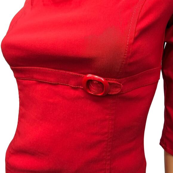 ZARA Red Dress Women M Empire Waist w Belt Buckle On Off Shoulder 3/4 Sleeve - Picture 5 of 13